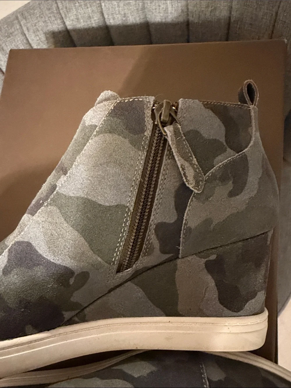 L. Paolo Camo Wedge Sneaker Booties in Green and Gray